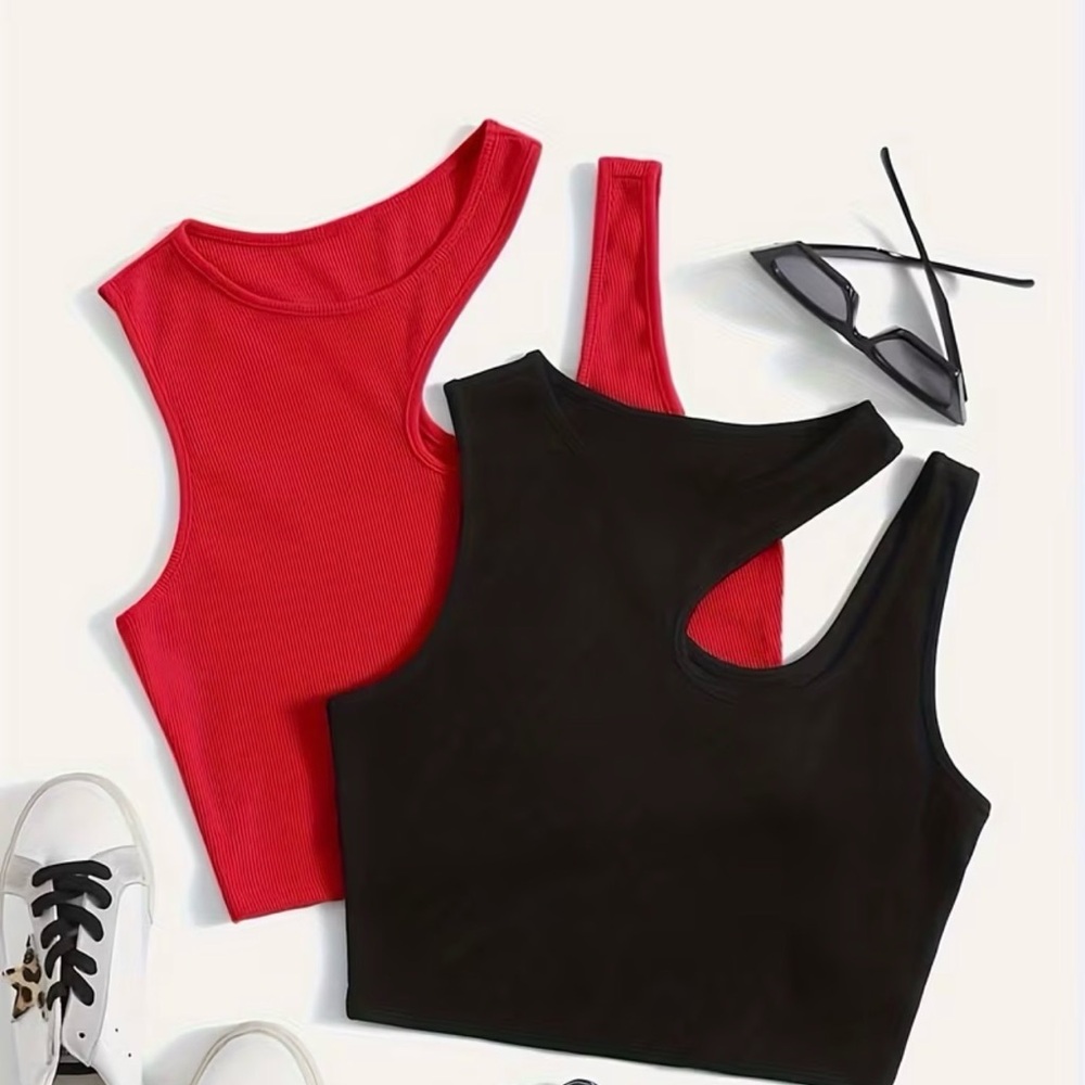 Amazon Red and Black Ribbed Asymmetric Crop Tank Top Set